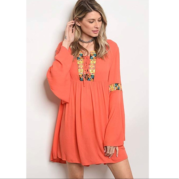 Rust Boho Embroidered Western Tunic Bell Dress - Picture 3 of 4